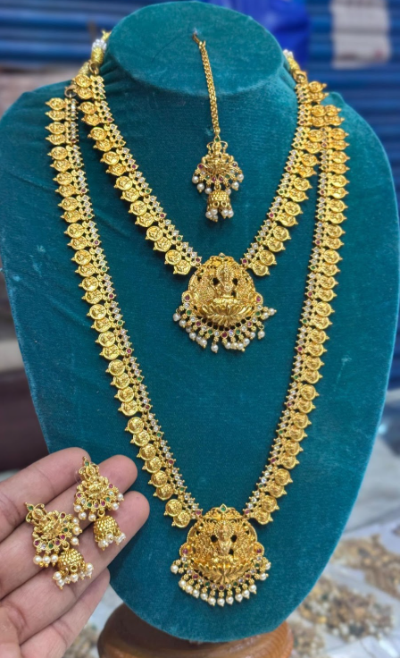 Traditional Lakshmi Coin Long Haram with Earrings – Temple Jewellery Set