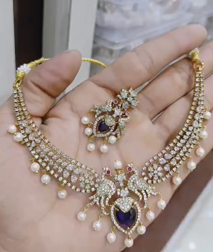 Peacock Design Stone Choker with Earrings – Pearl Drop Necklace Set