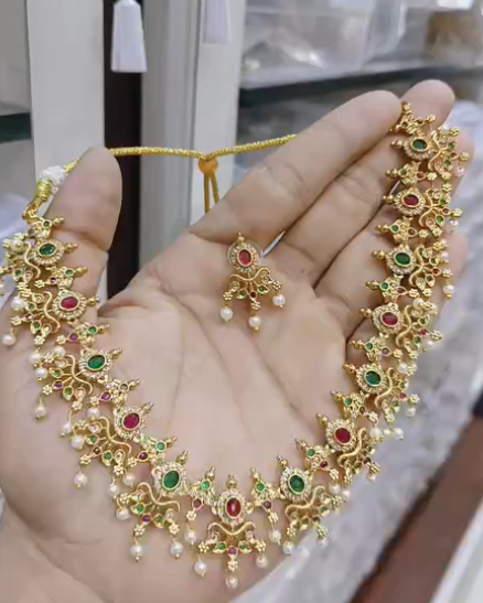  Traditional Red & Green Stone Necklace with Earrings – Pearl Drop Design