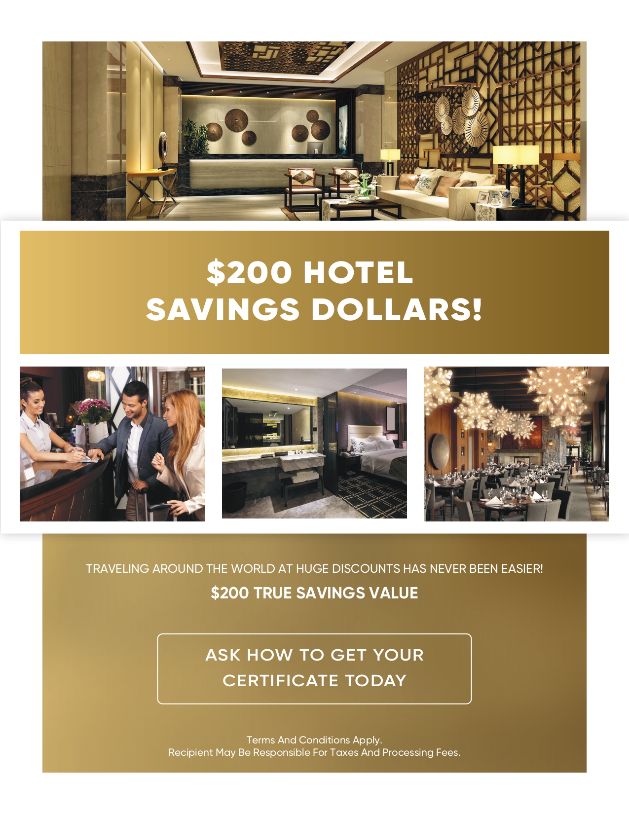 $200 Hotel Savings Dollars Certificate