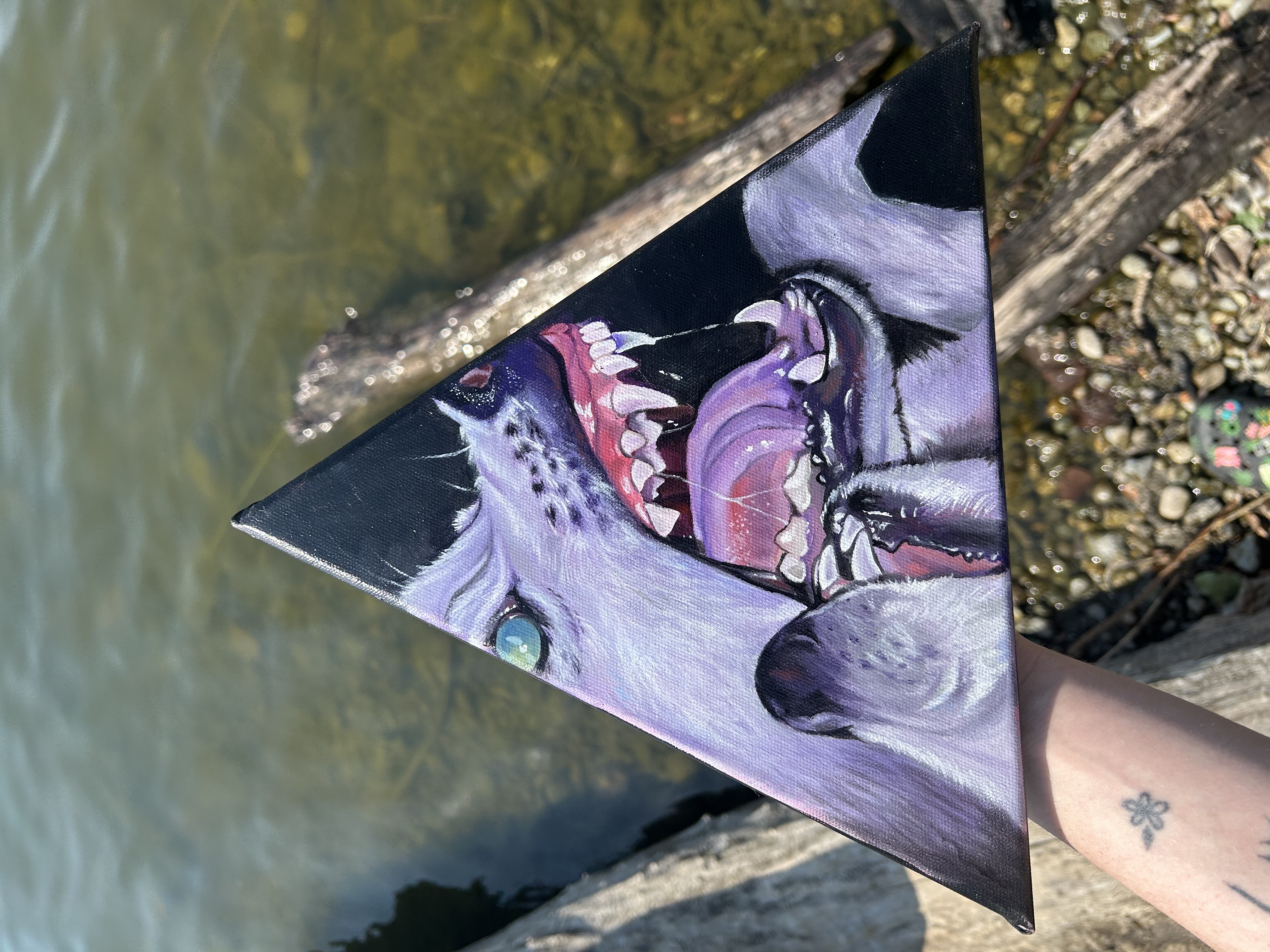 Hand-painted Wolf Art on Triangle Canvas