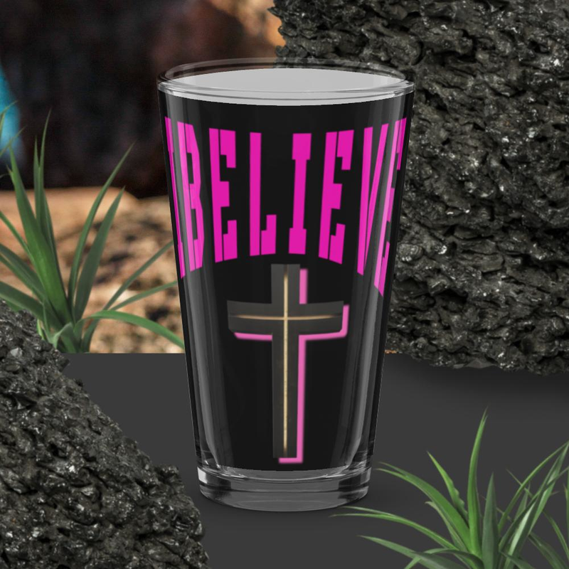 Believe Neon Cross Pint Glass