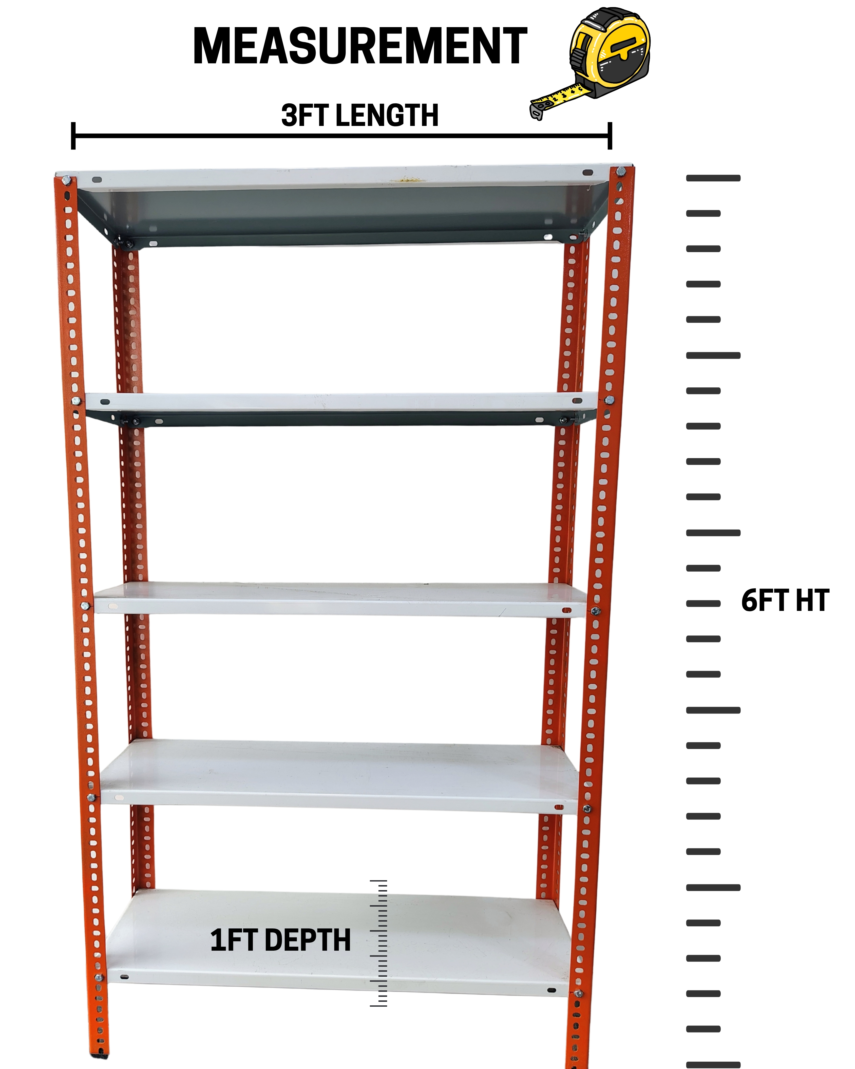 Kaisar Slotted Angle Rack | 6FT (H) x 3FT (L) x 1.25FT (D) | 5-Level – White (Rustproof, Free Standing)