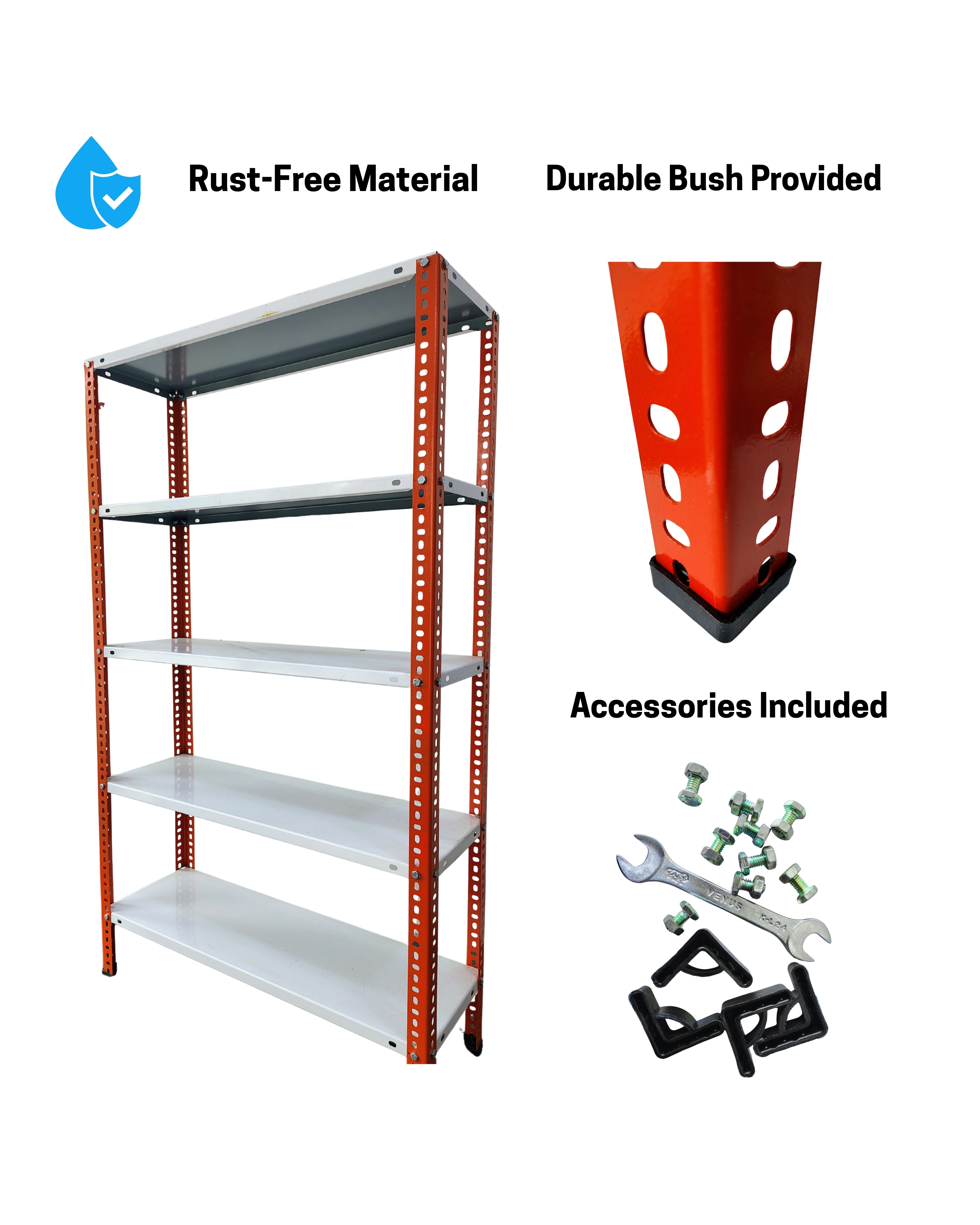Kaisar Slotted Angle Rack | 6FT (H) x 3FT (L) x 1.25FT (D) | 5-Level – White (Rustproof, Free Standing)