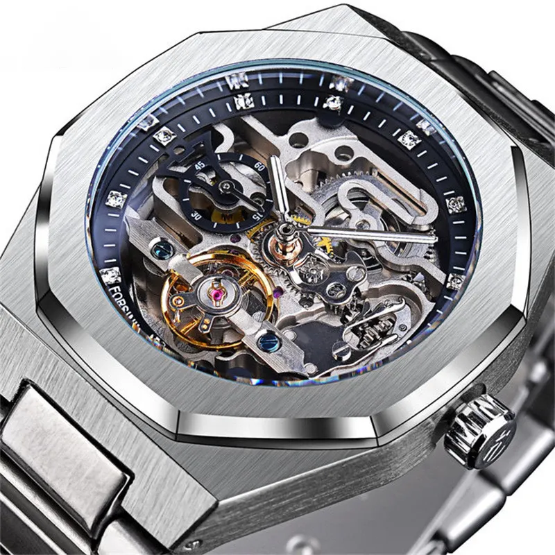 Ezüst automatikus karóra 3D üreges kialakítással férfiaknak, világító mutatókkal, Tourbillon