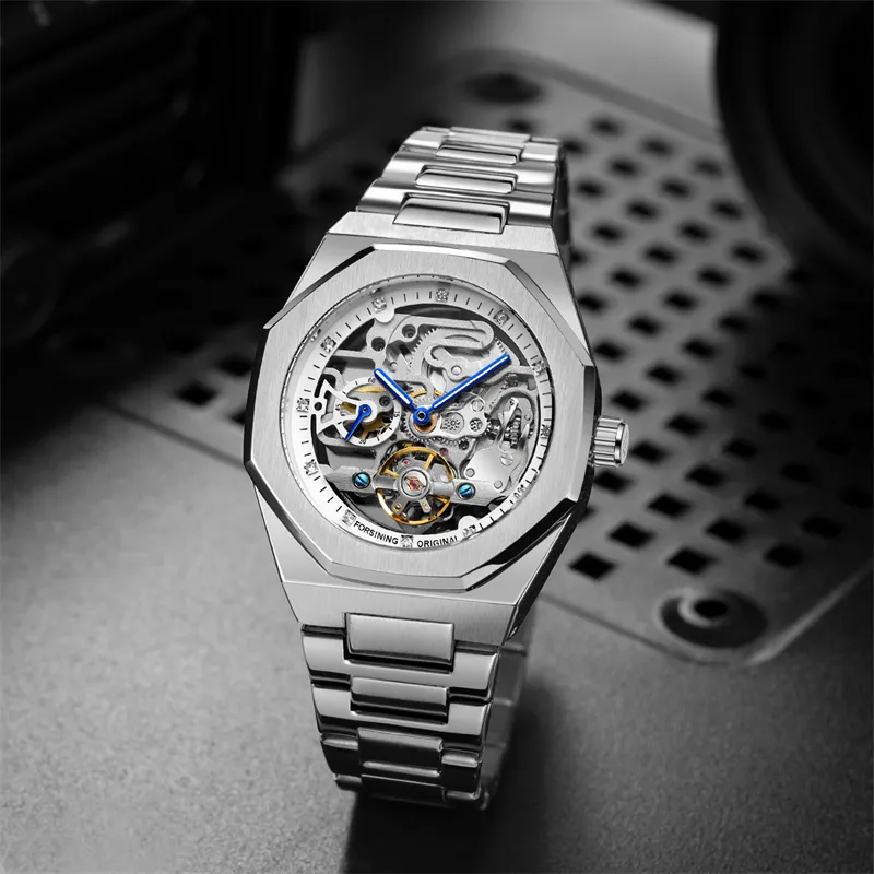Ezüst automatikus karóra 3D üreges kialakítással férfiaknak, világító mutatókkal, Tourbillon