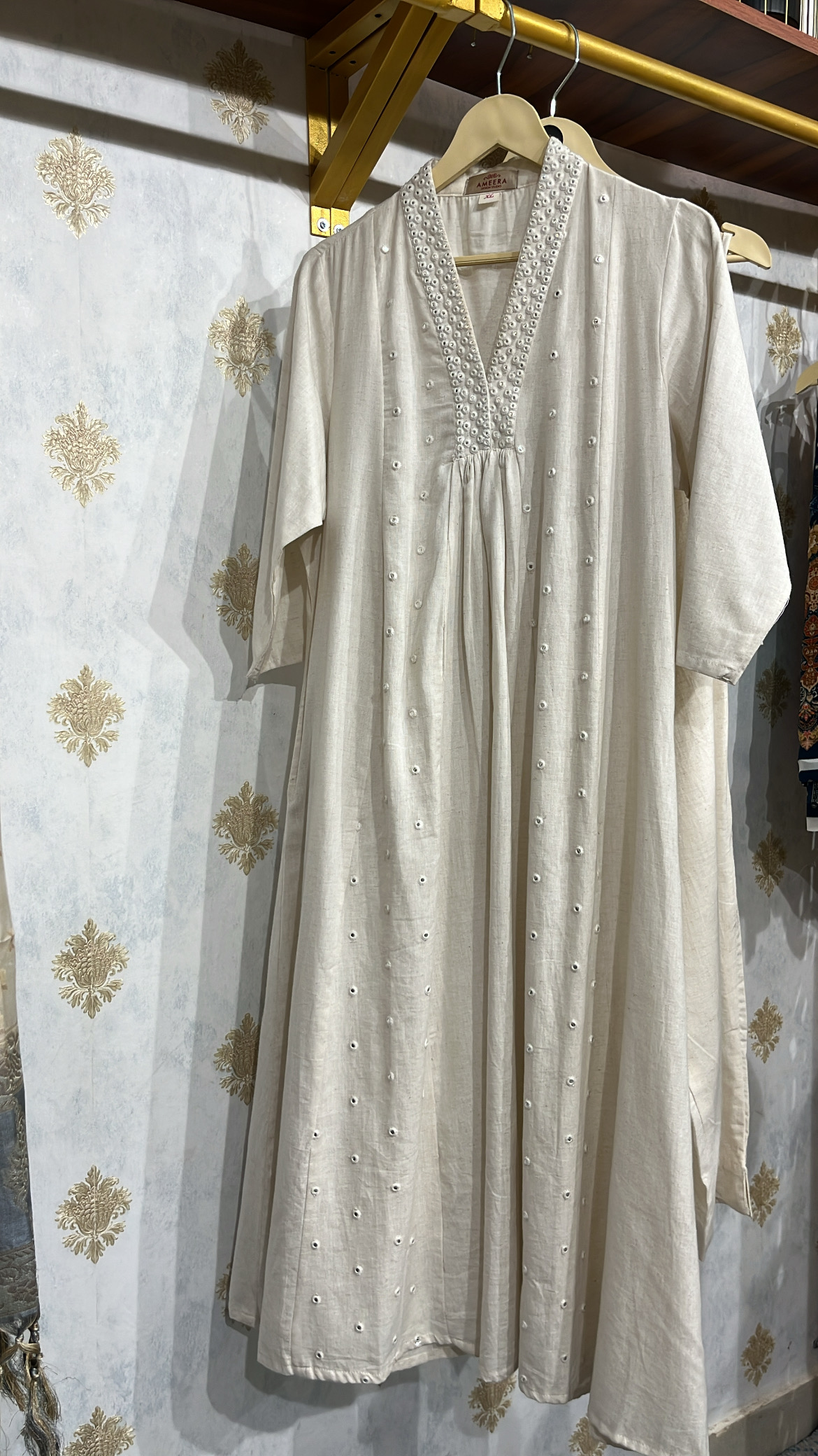 Cream Khadi Kurta Set with Mirror Work