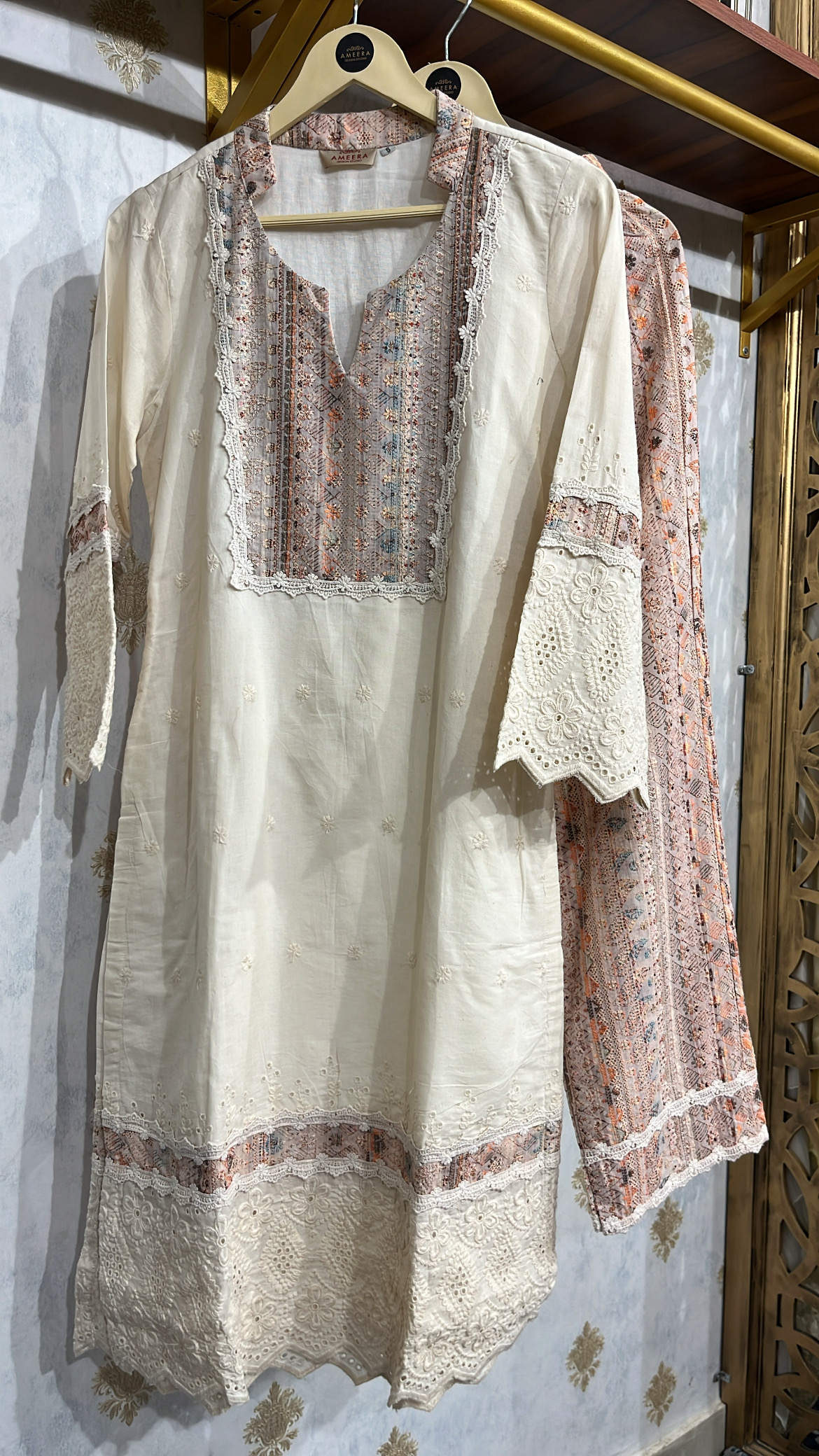Beige ChikanKari Cotton Kurta Set