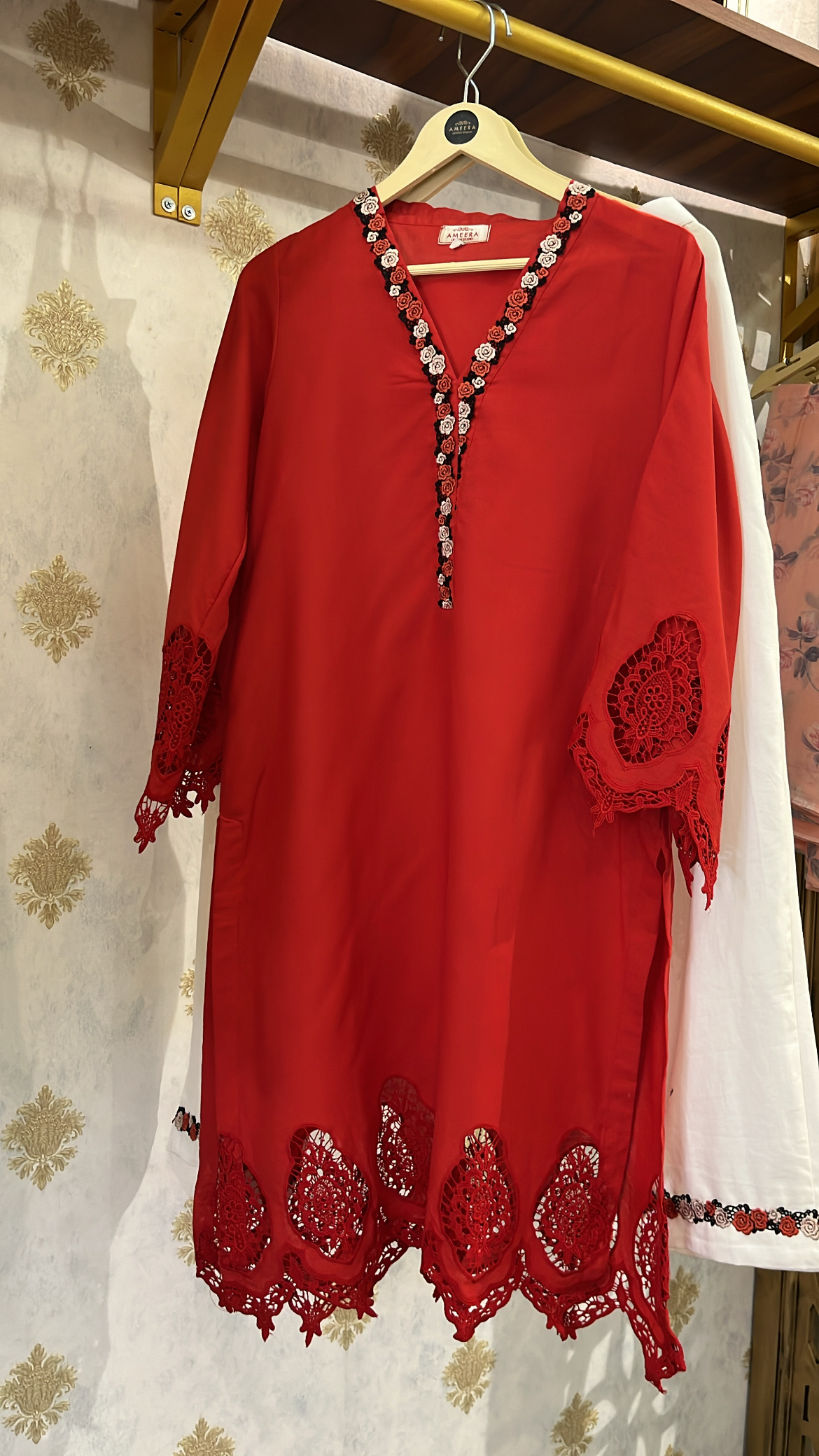 Red Lacey Kurta Set with Cut Work