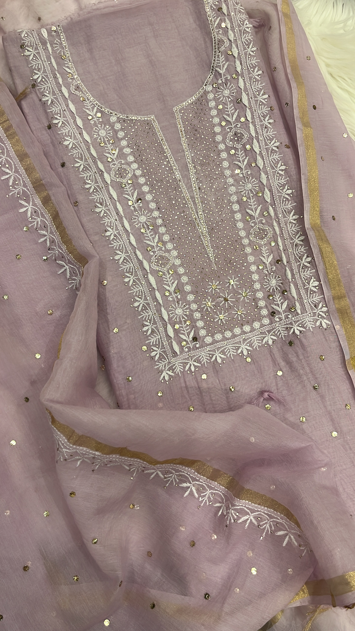Embroidered Lavender Lucknowi Mul Cotton Suit