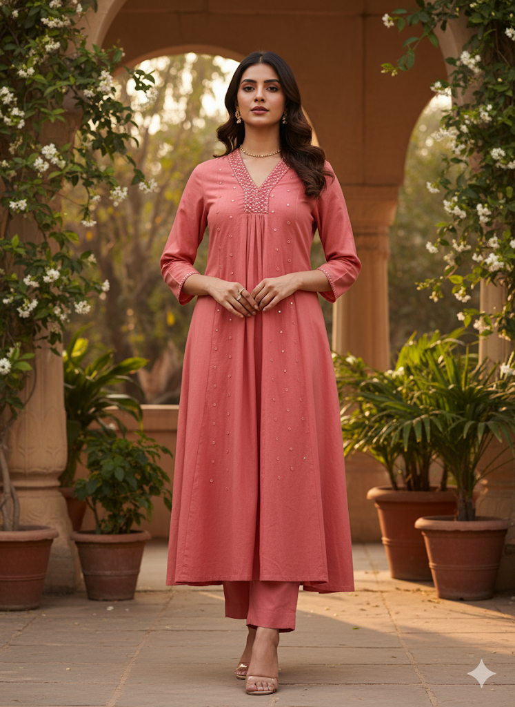 Carrot Red Kurta Set with Mirror Work