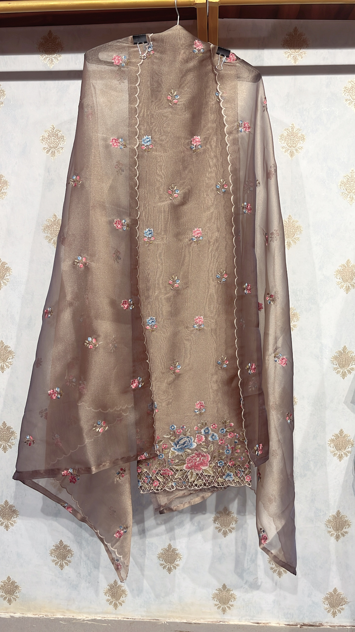 Floral Embroidered Cut-work Tissue Suit