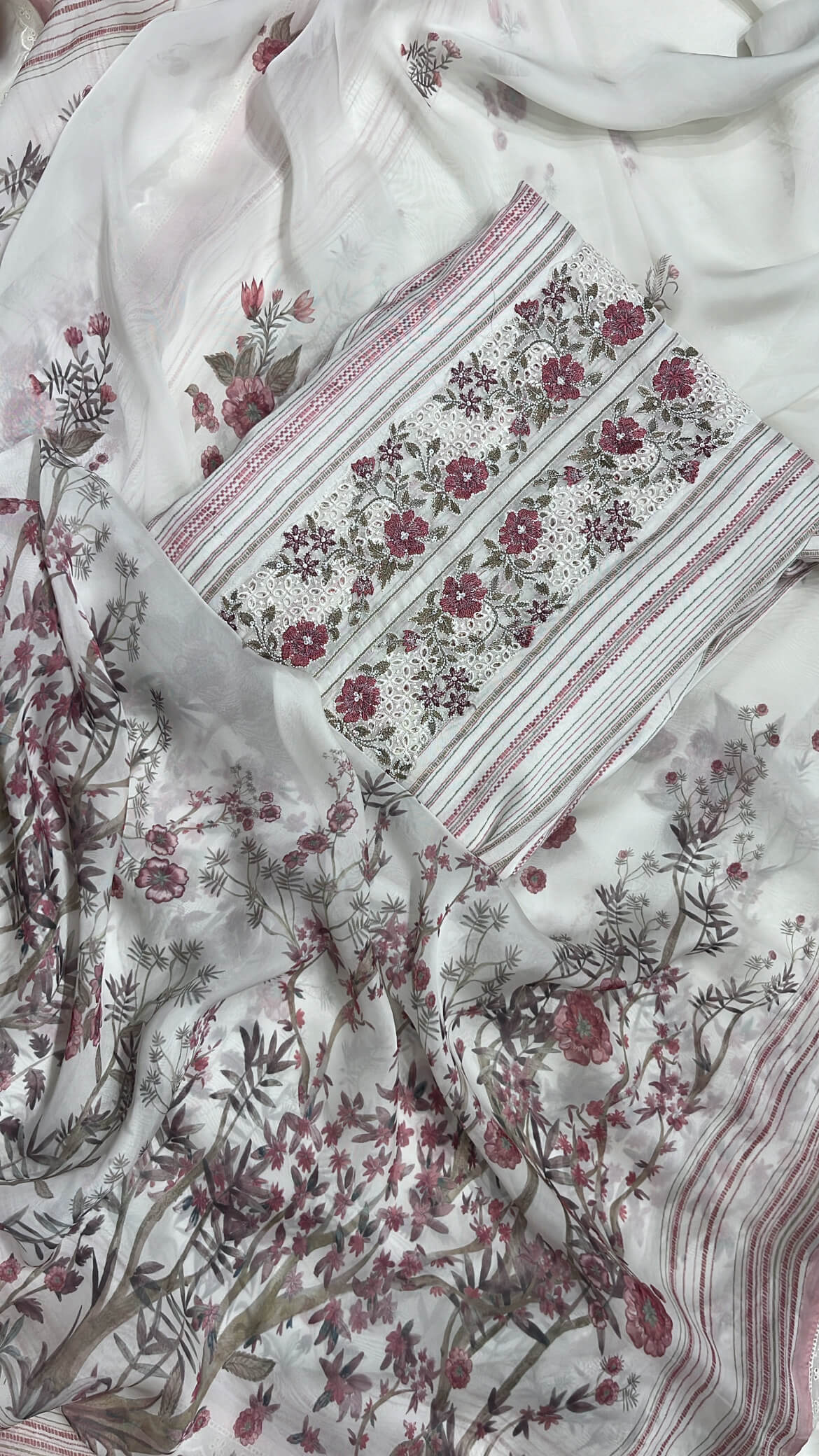 White Printed Stripes Muslin Cotton Suit