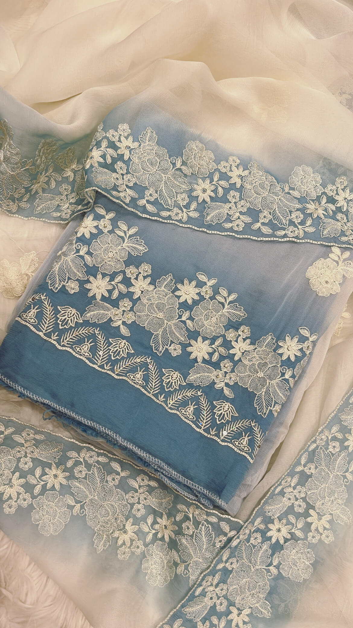 White and Blue Soft Bamber Organza Suit