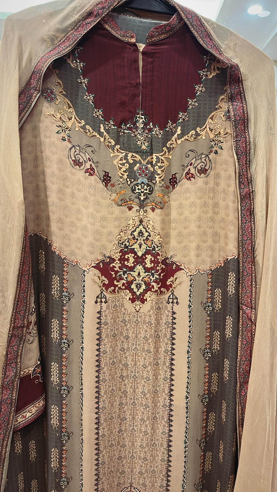 Deep Beige Printed Crepe Suit