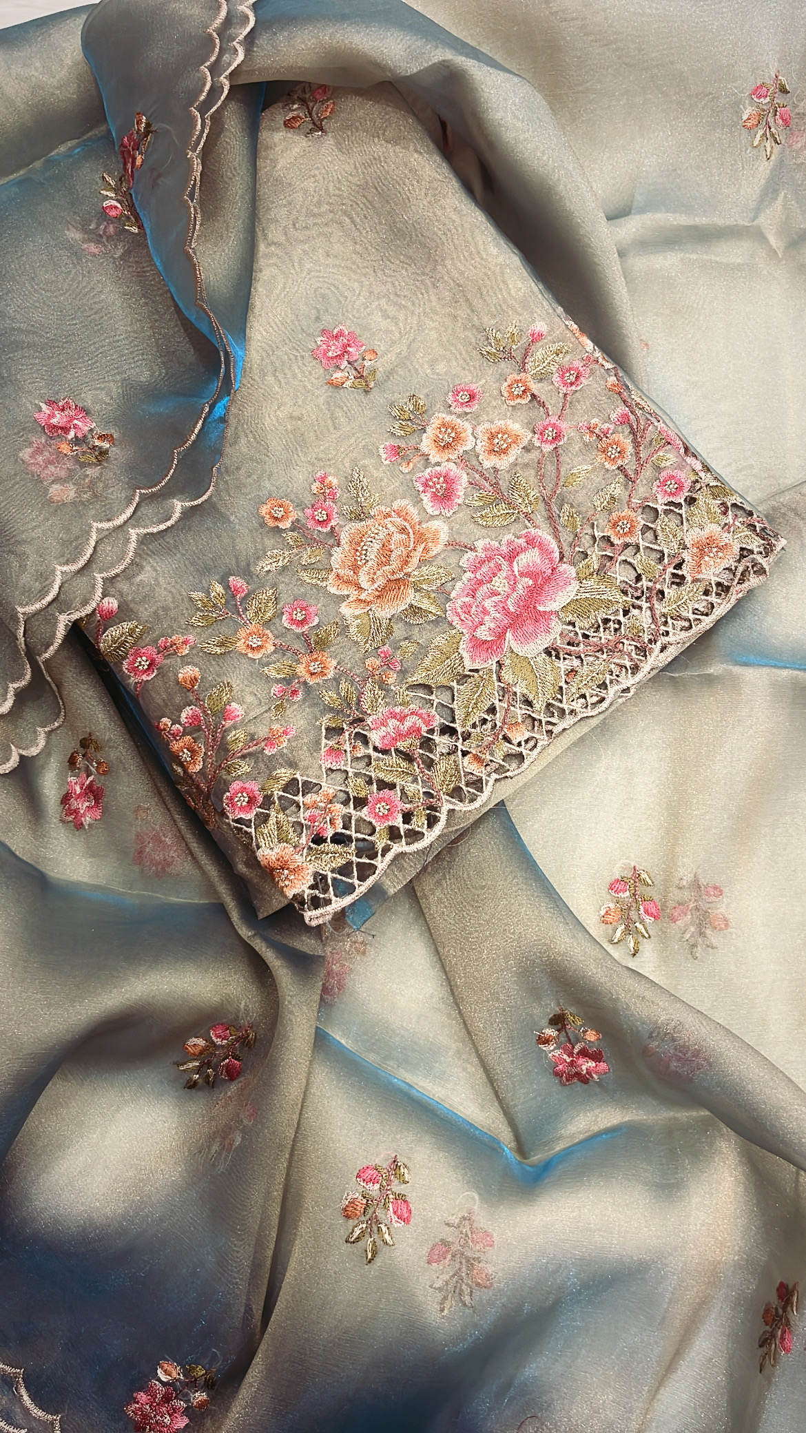 Floral Embroidered Cut-work Tissue Suit