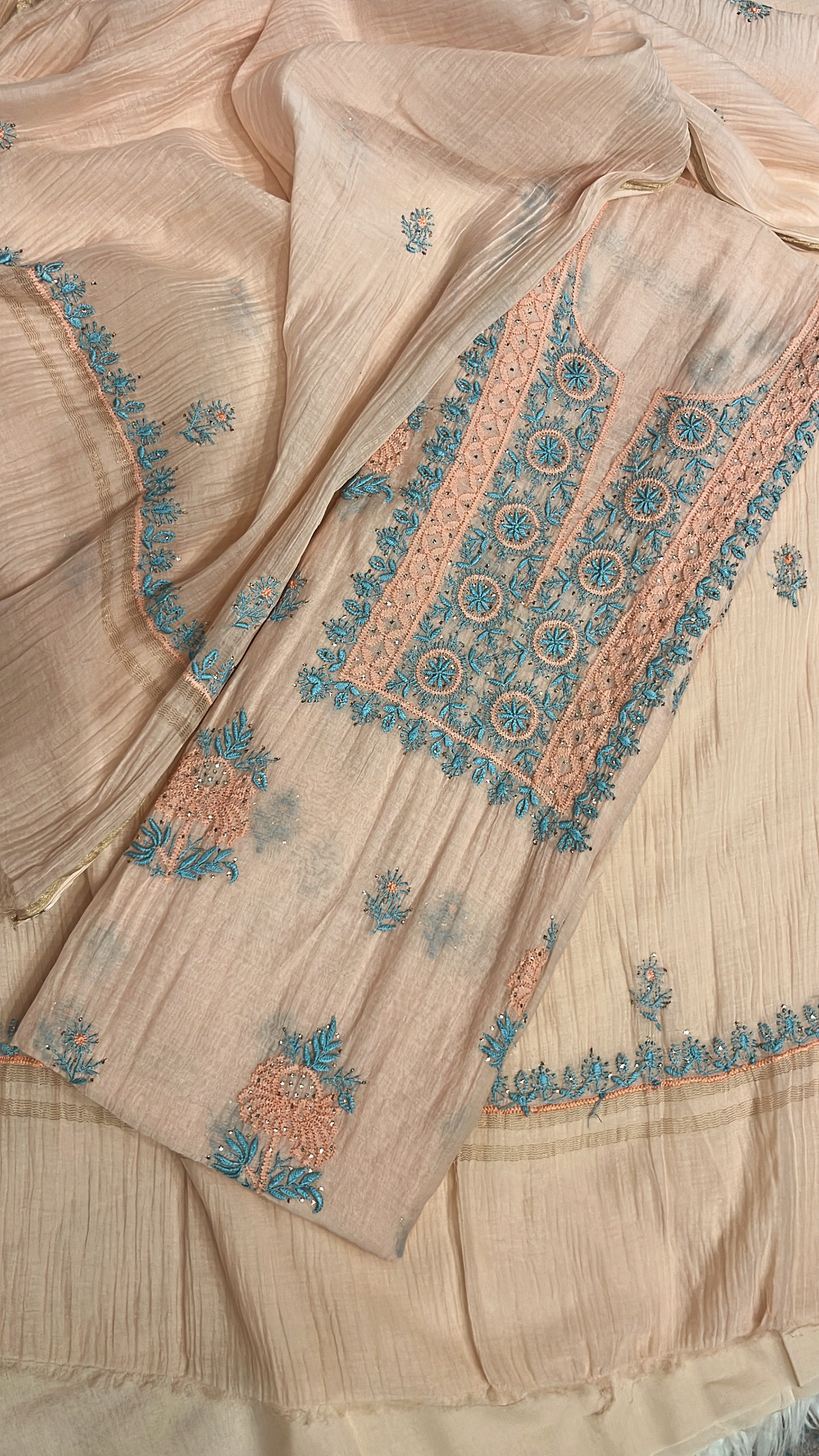 Embroidered Peach Lucknowi Mul Cotton Suit