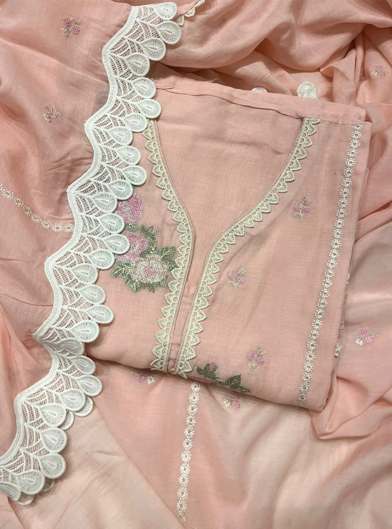 Pink Cross-stitch Work Suit with Lacey pattern