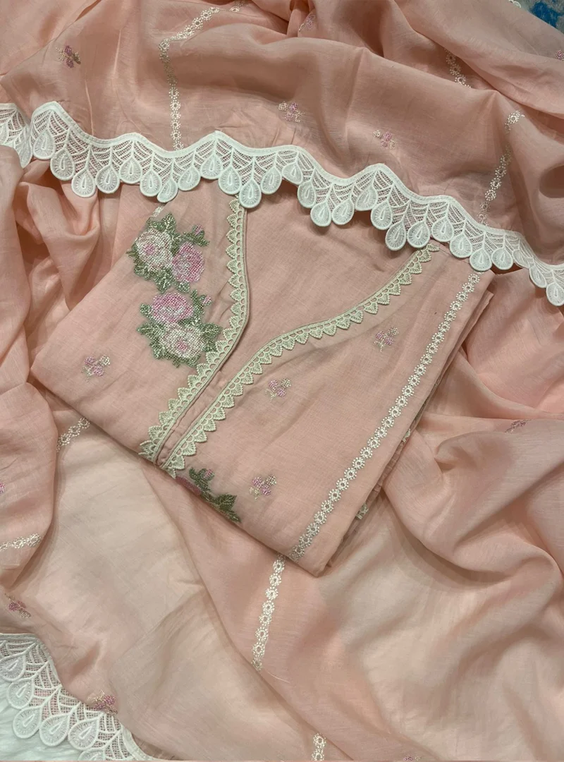 Pink Cross-stitch Work Suit with Lacey pattern