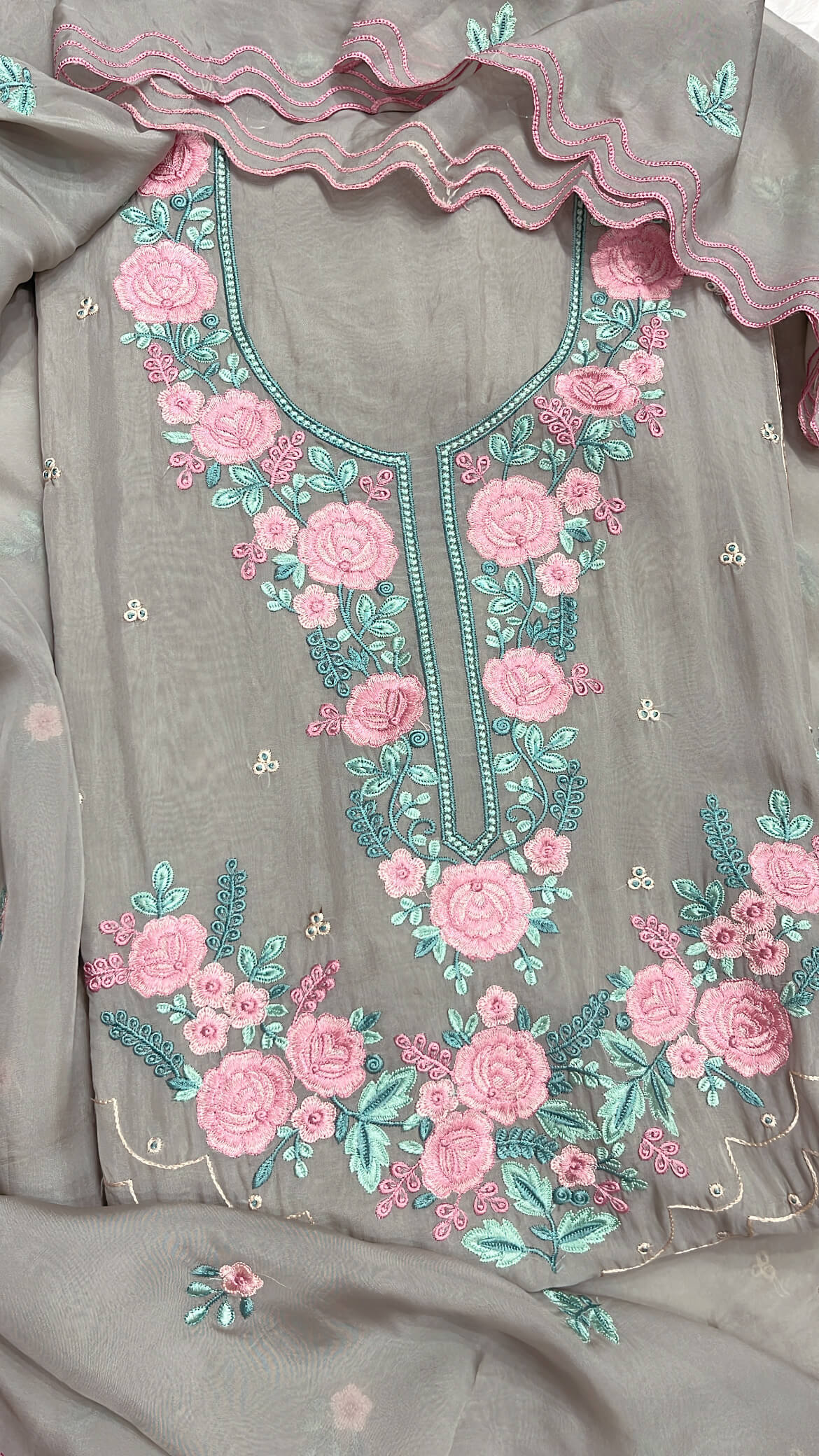 Gray Floral Thread Embroidered Soft Organza Suit
