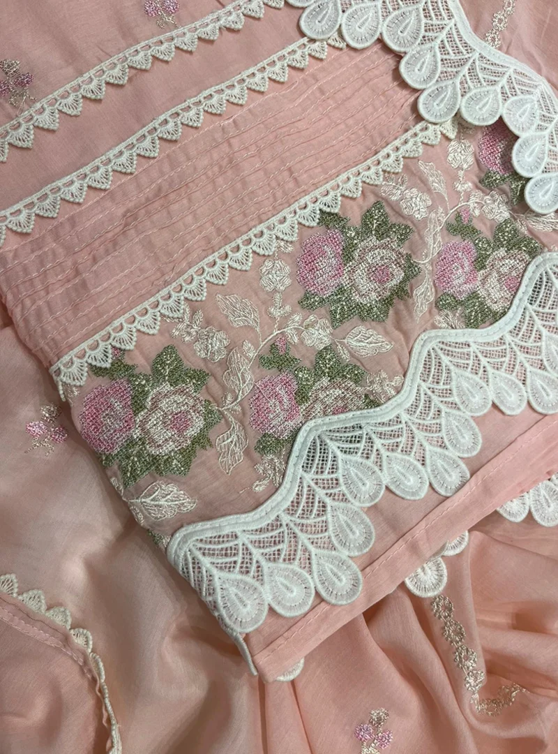 Pink Cross-stitch Work Suit with Lacey pattern