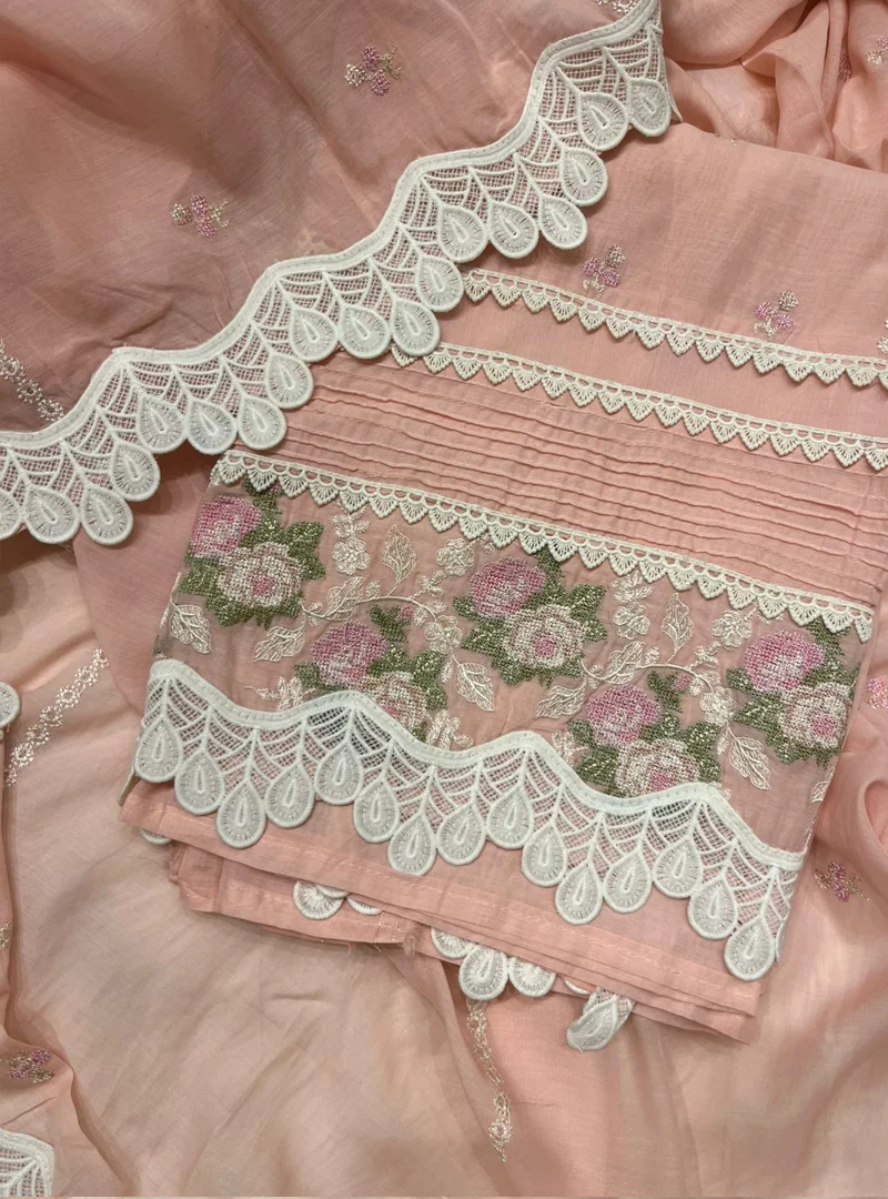 Pink Cross-stitch Work Suit with Lacey pattern