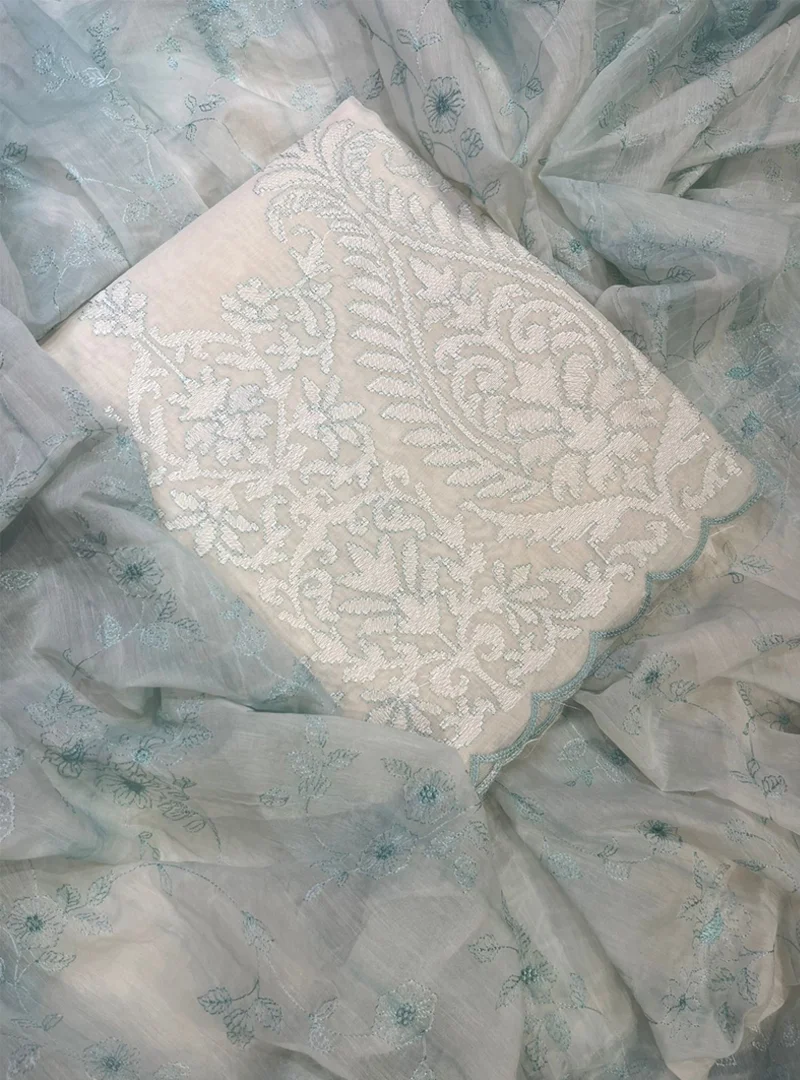 Classic White Embroidered Mul Chanderi Suit