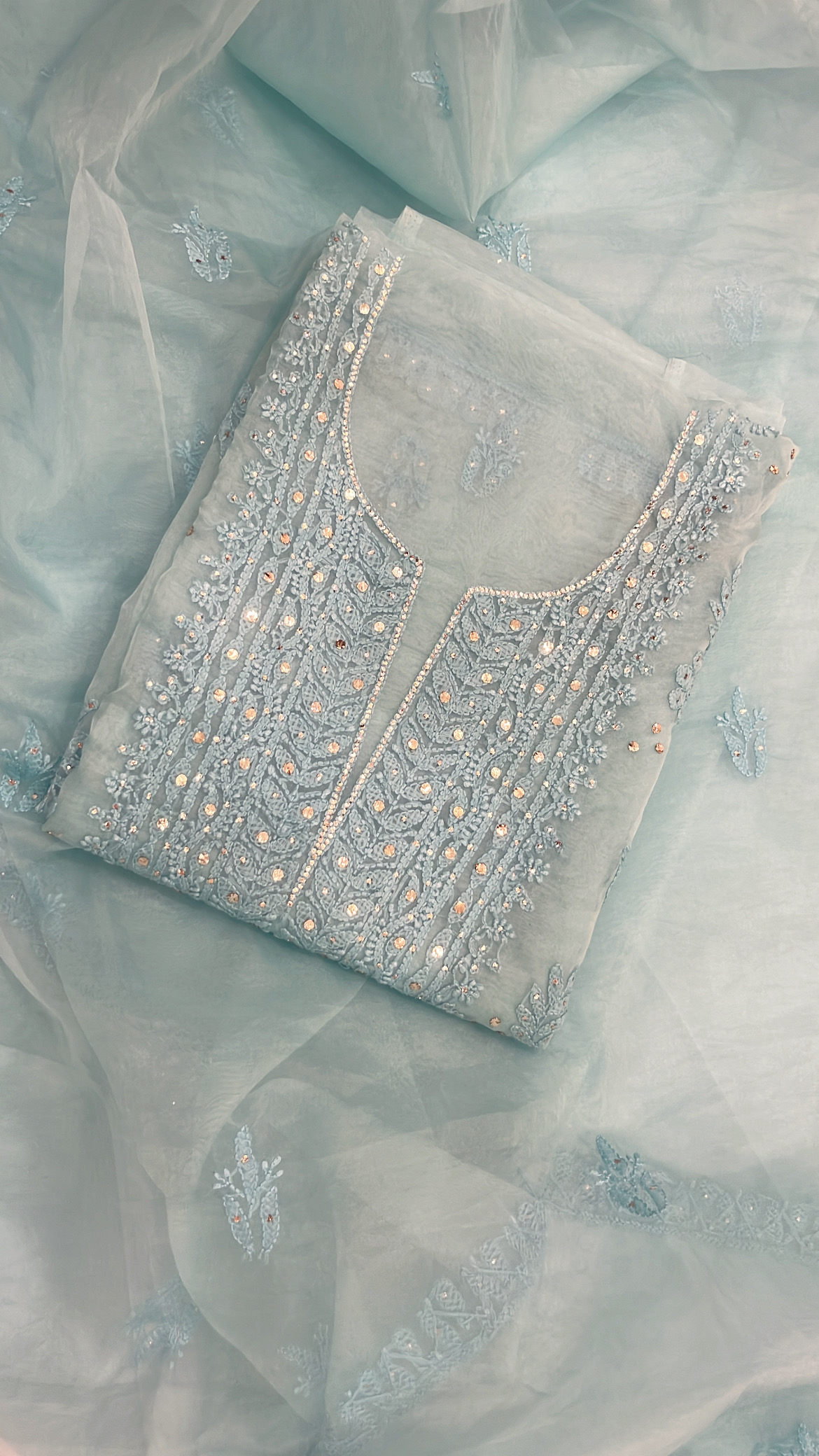 Embroidered Light Blue Lucknowi Organza Suit