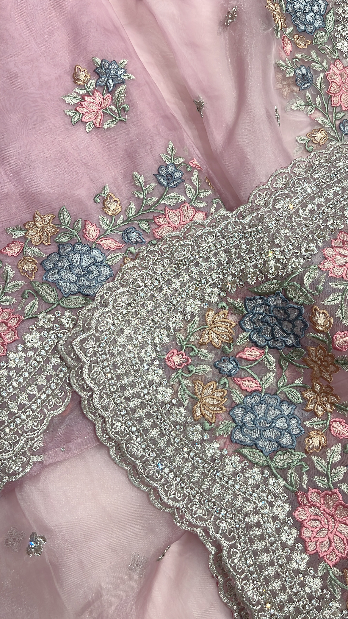 Organza Tissue with Parsi thread and Silver Zari