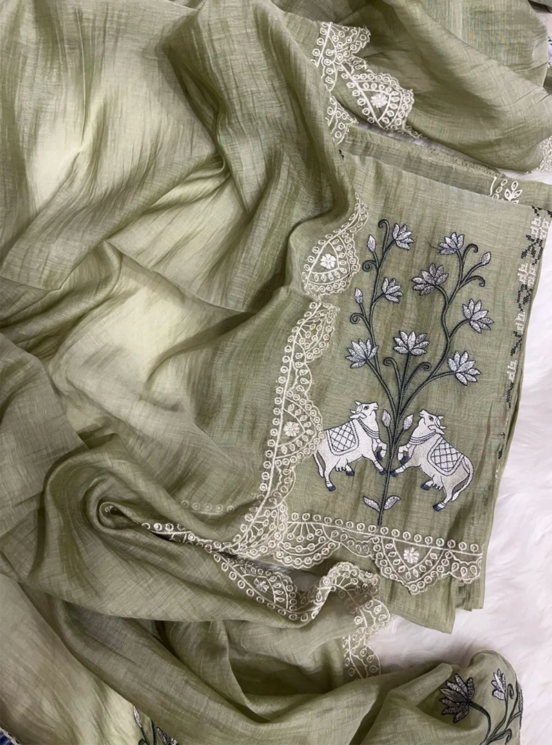 Olive Green Pure Mul Cotton Suit