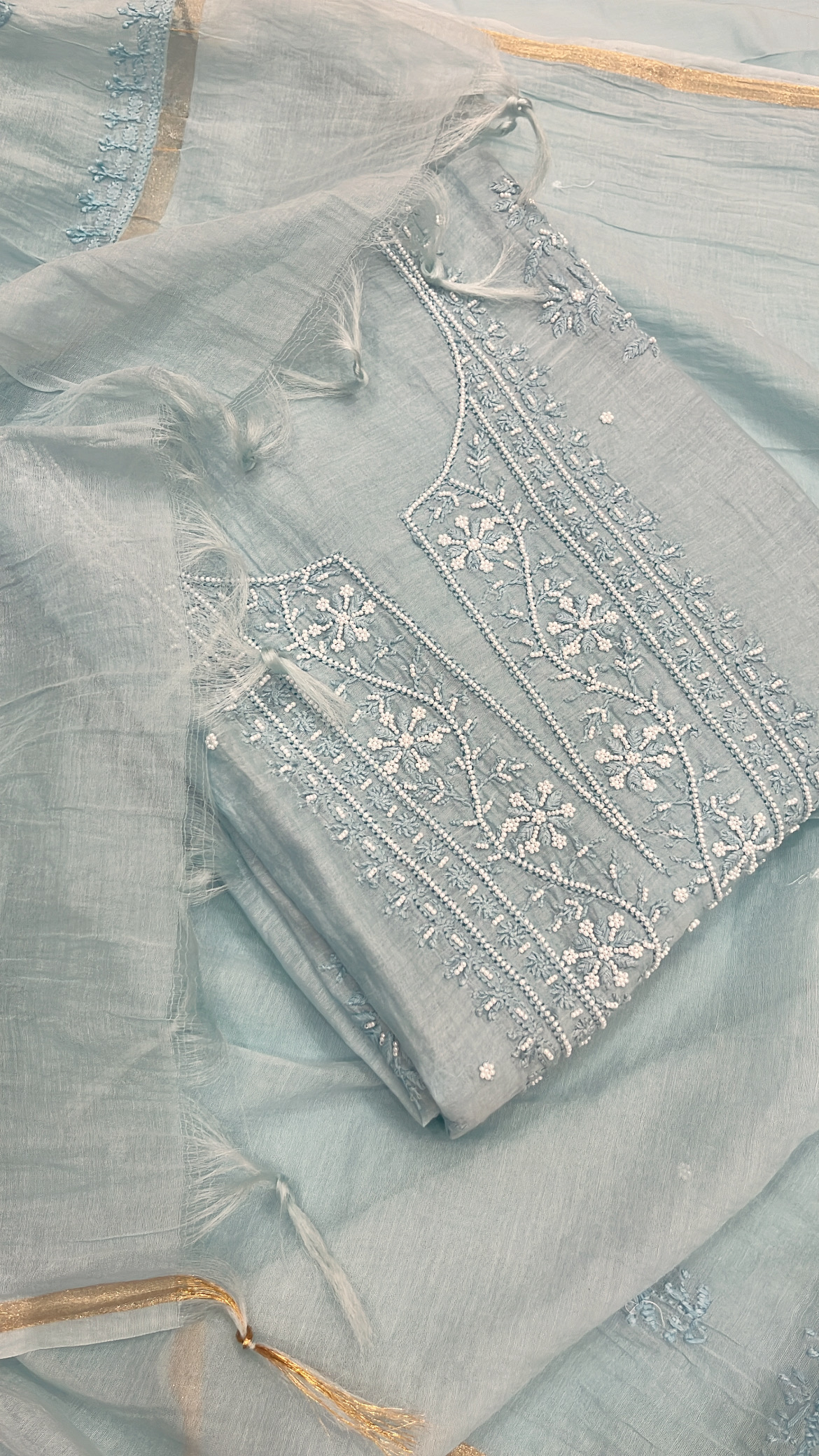 Embroidered Light Blue Lucknowi Mul Cotton Suit 