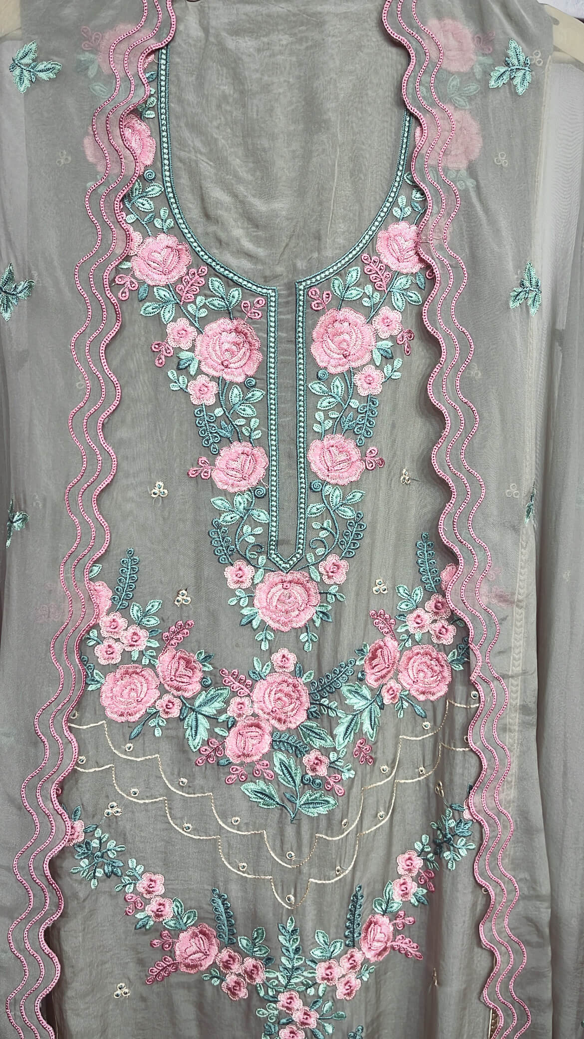 Gray Floral Thread Embroidered Soft Organza Suit