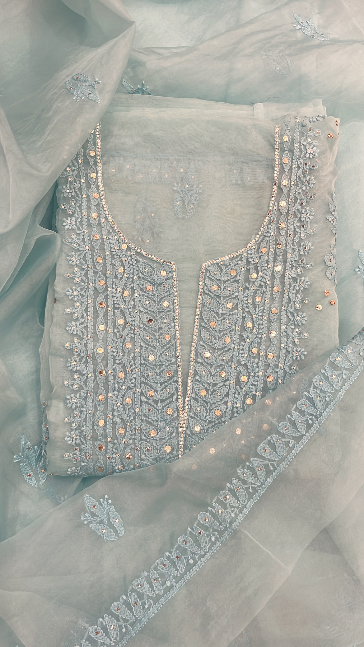 Embroidered Light Blue Lucknowi Organza Suit
