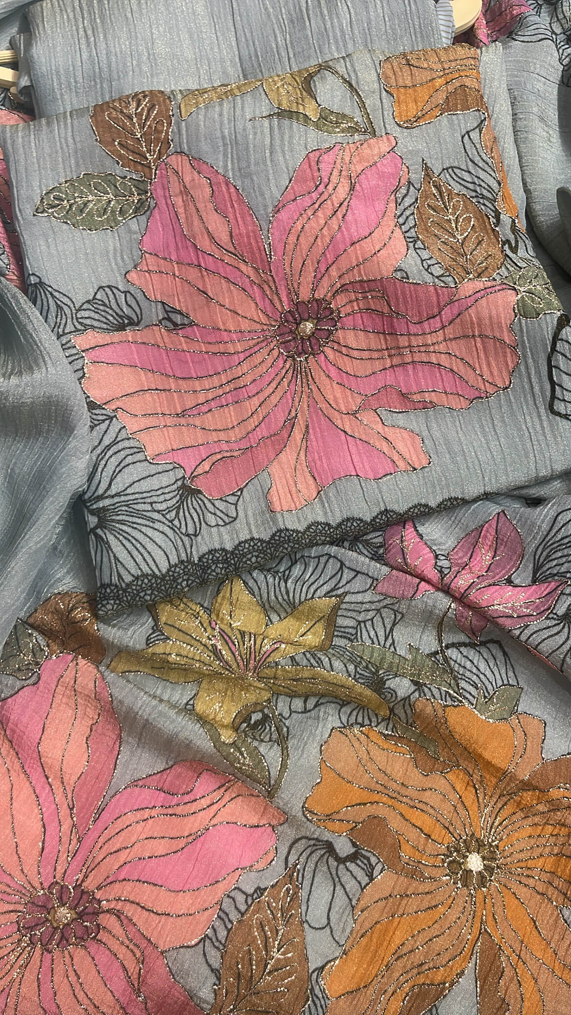Gray Crush Tissue Suit with digital print