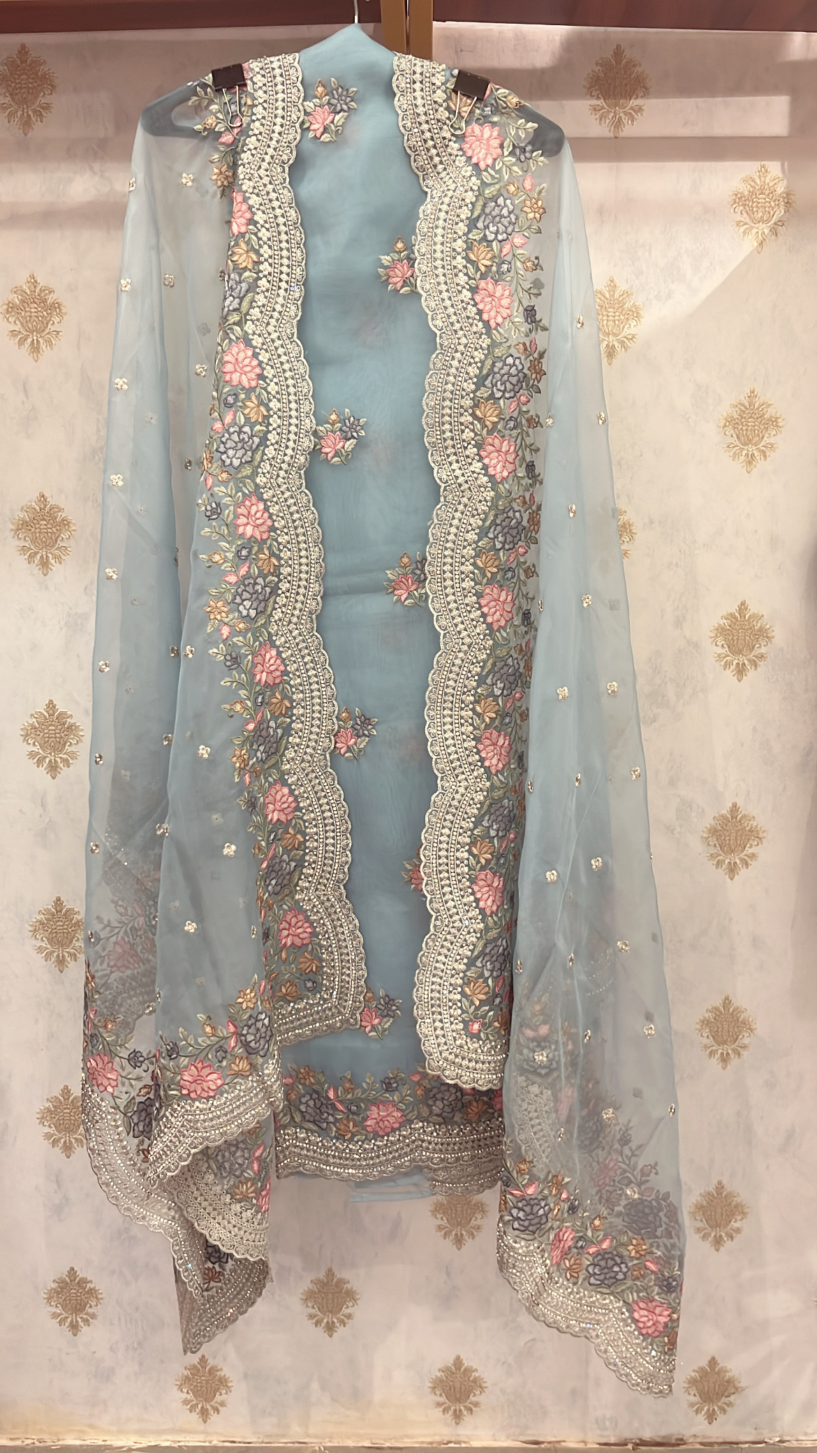 Organza Tissue with Parsi thread and Silver Zari