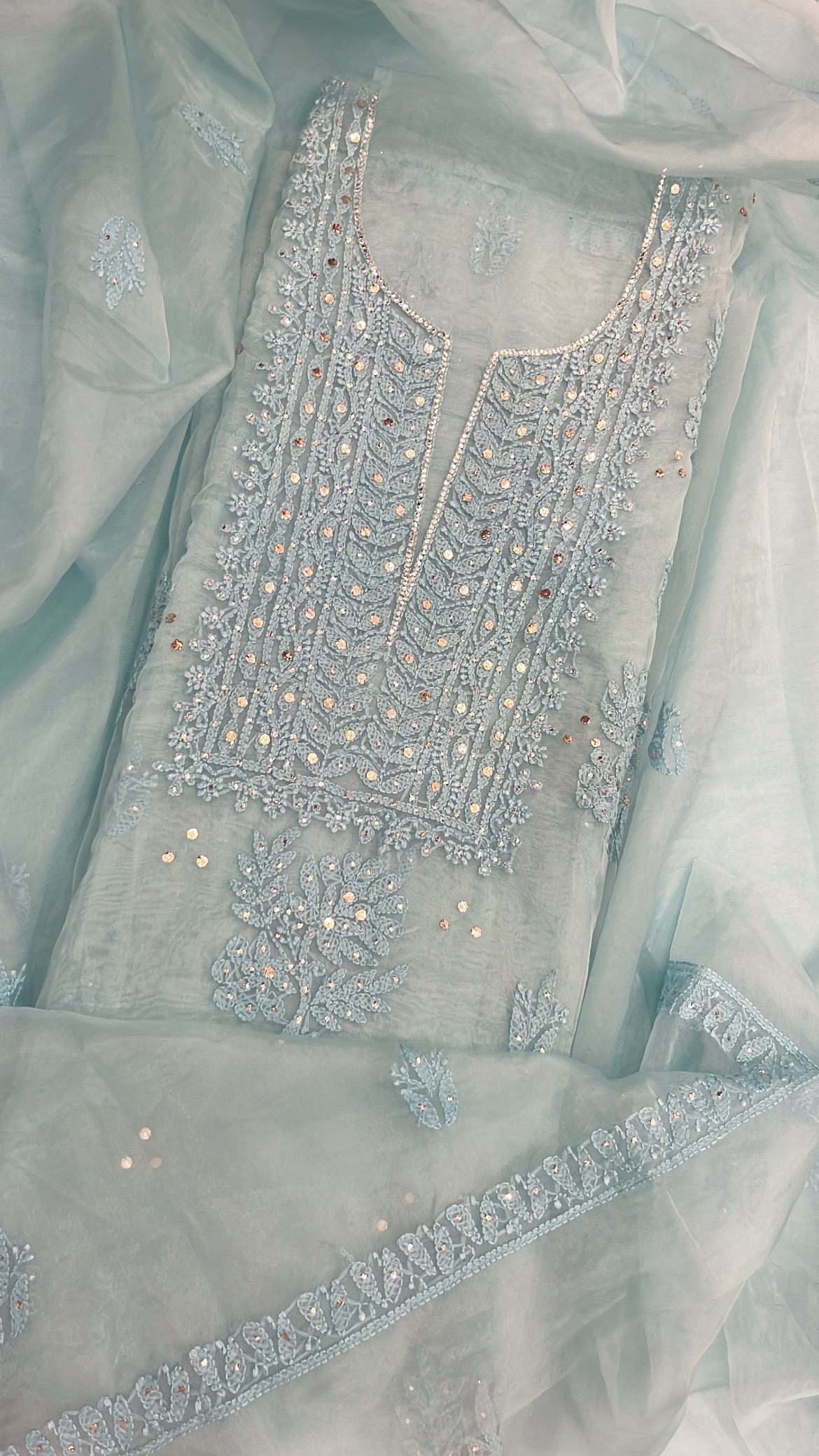 Embroidered Light Blue Lucknowi Organza Suit