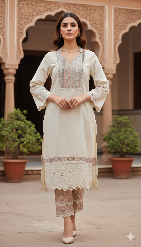 Beige ChikanKari Cotton Kurta Set
