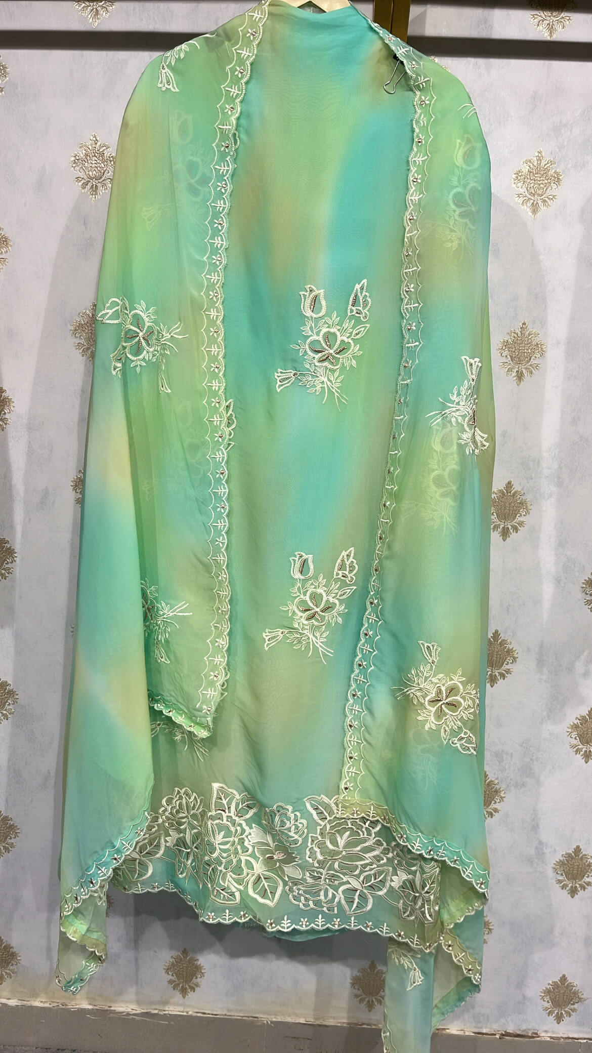 Ombre Green Soft organza with Thread work