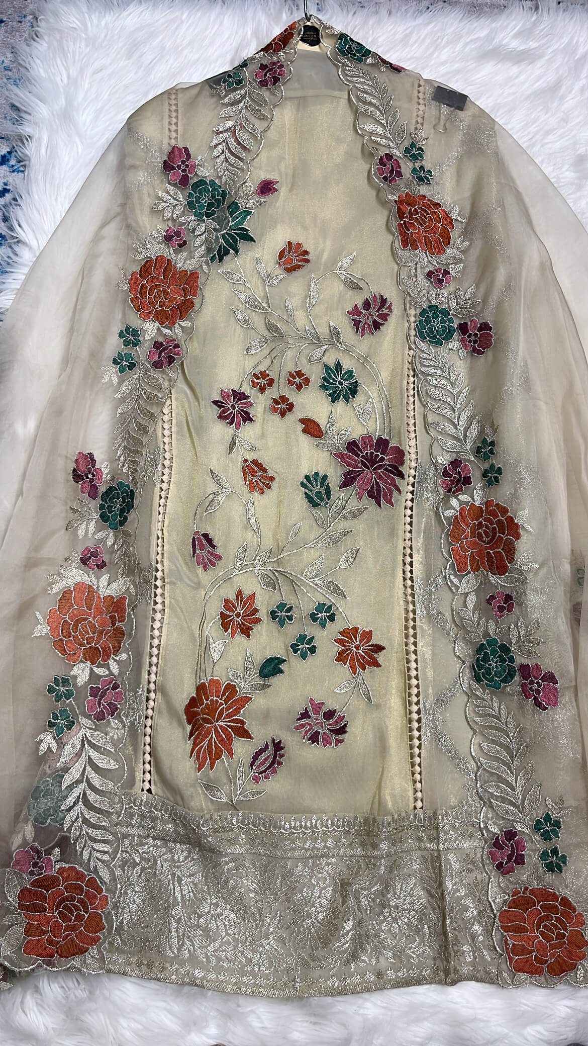 Ivory Gold Tissue Suit with colorful thread work