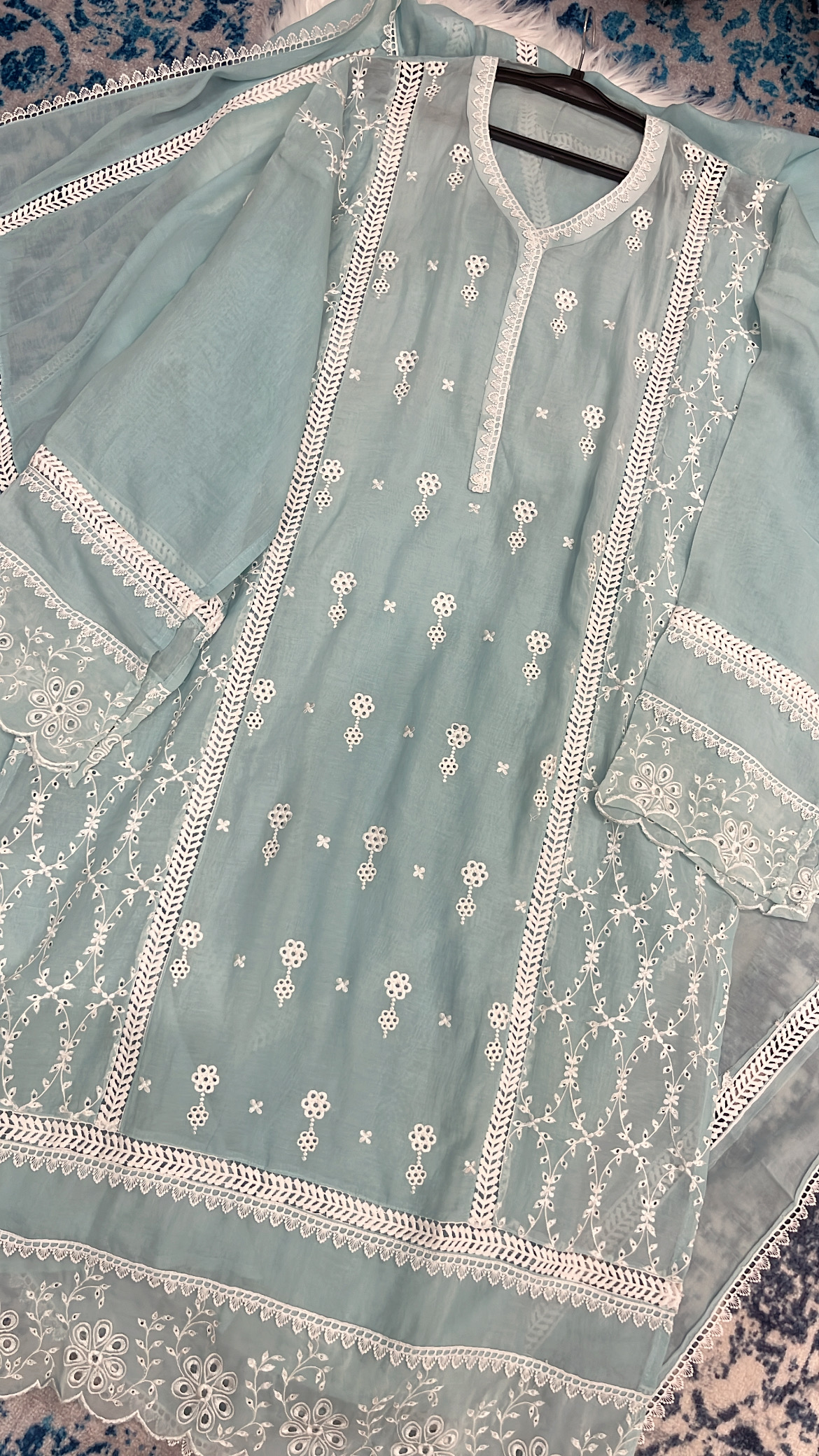 Embroidered Sea Blue Pure Mul Cotton Suit