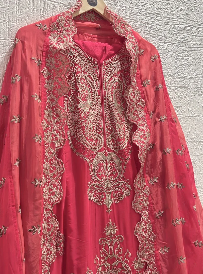 Coral Red Resham Embroidered Suit