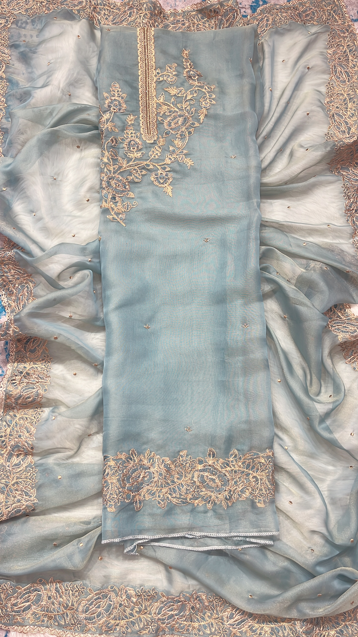 Embroidered Aqua Blue Organza Suit