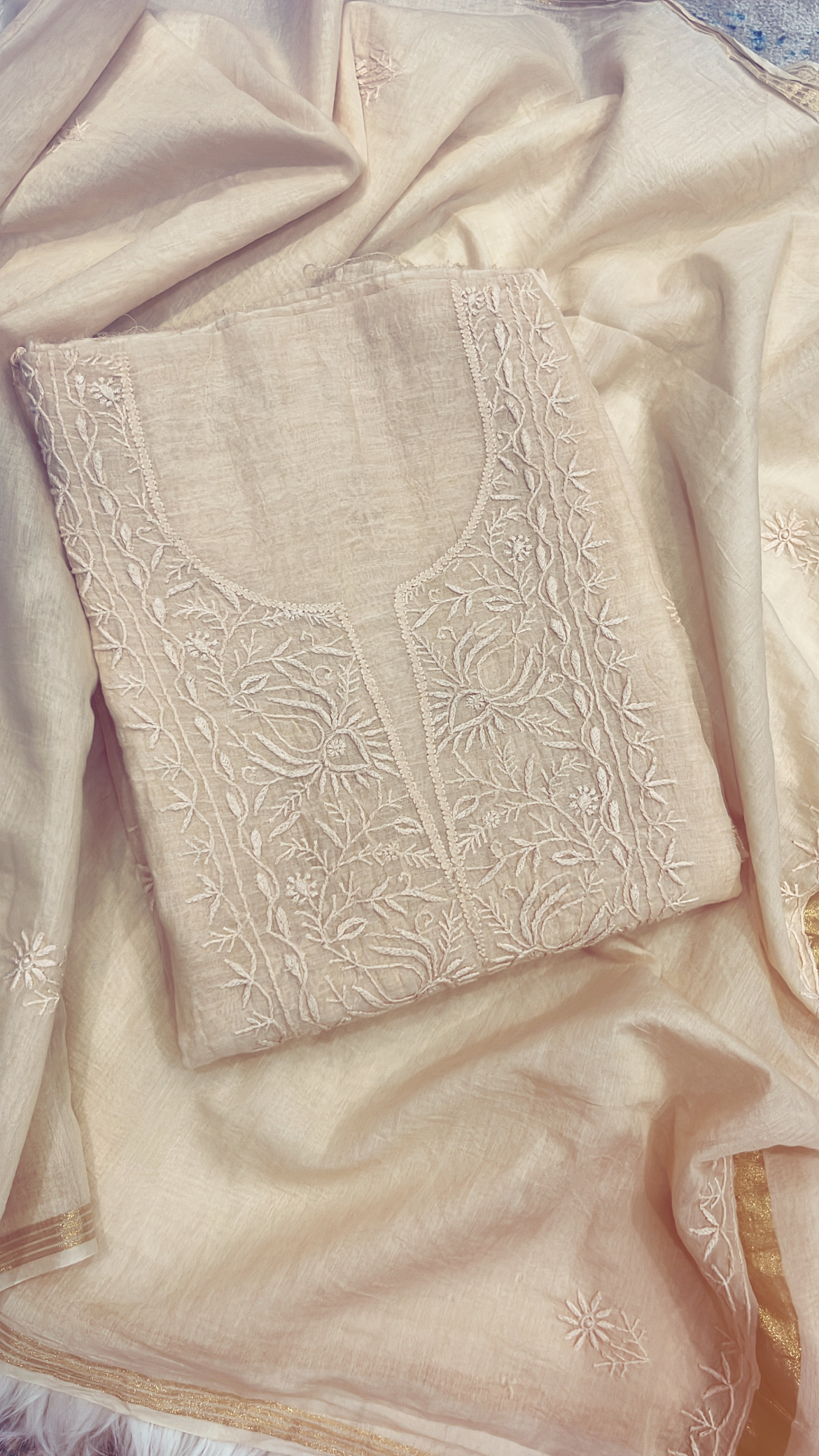 Embroidered Beige Lucknowi Mul Cotton Suit