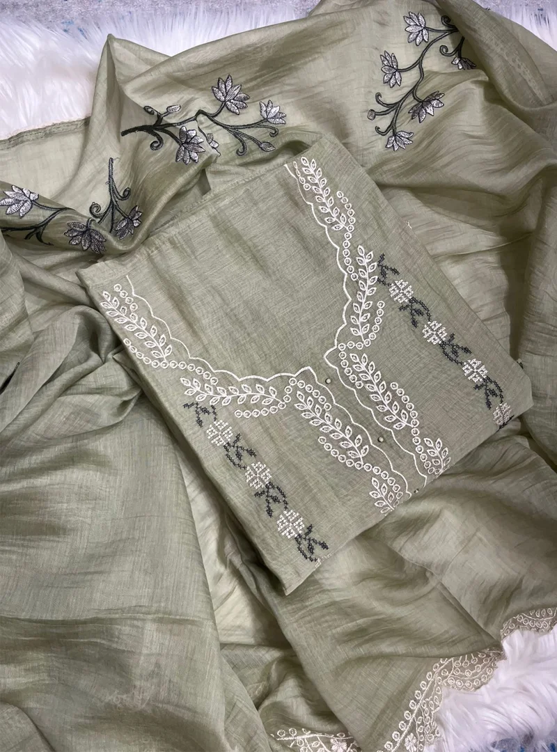 Olive Green Pure Mul Cotton Suit