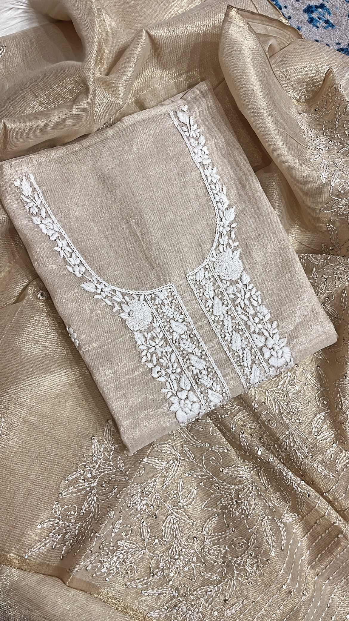 Embroidered Beige Gold Lucknowi Tissue Suit