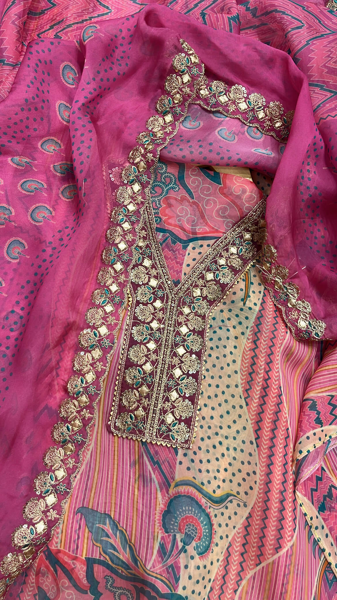Printed Organza Suit with Zari Embroidery