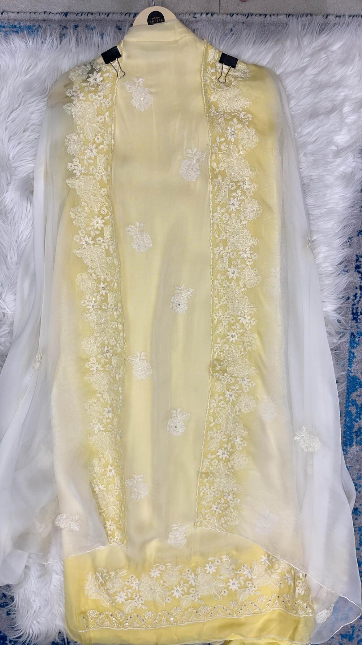 White and Yellow Soft Bamber Organza Suit
