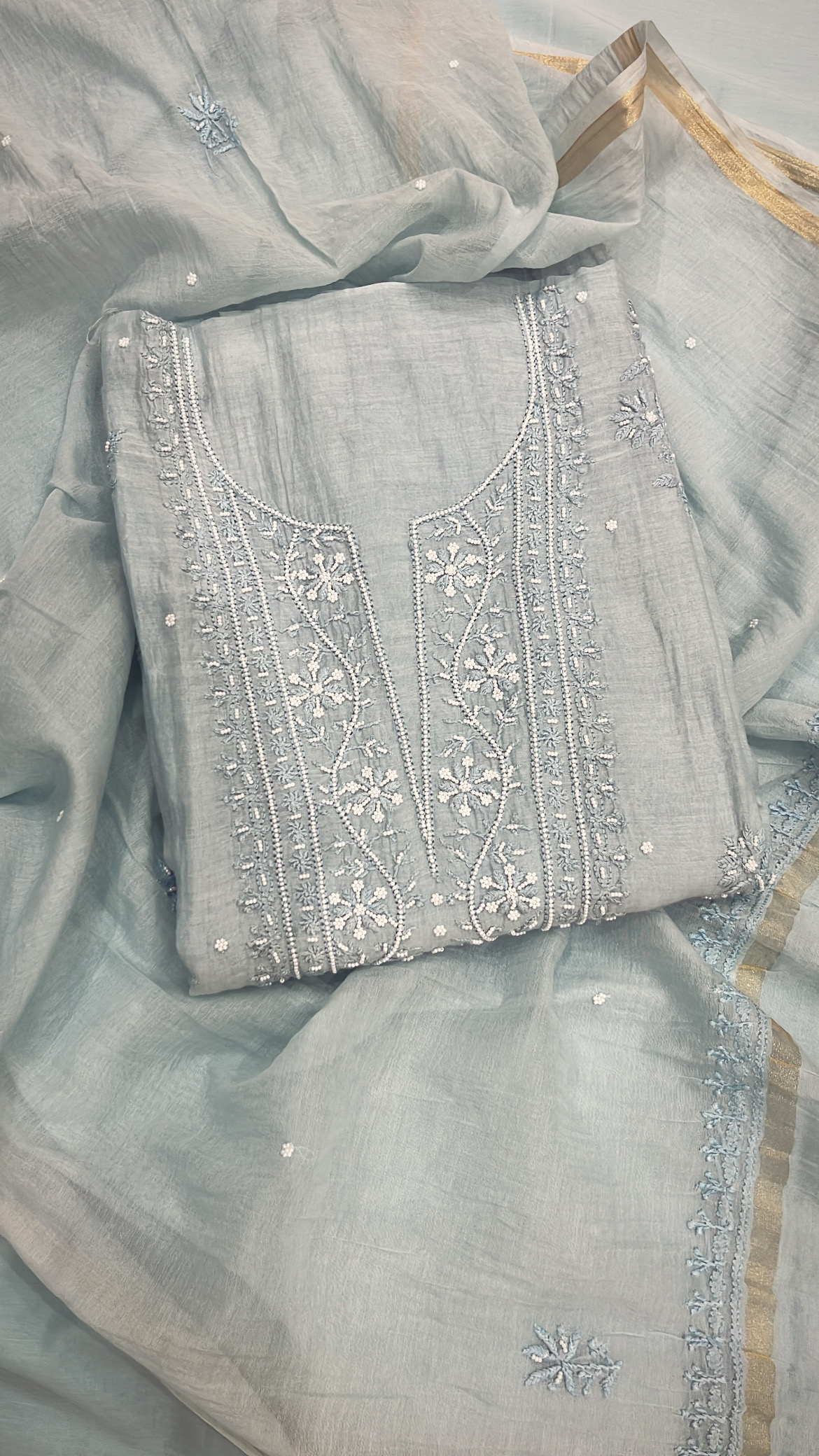 Embroidered Light Blue Lucknowi Mul Cotton Suit 