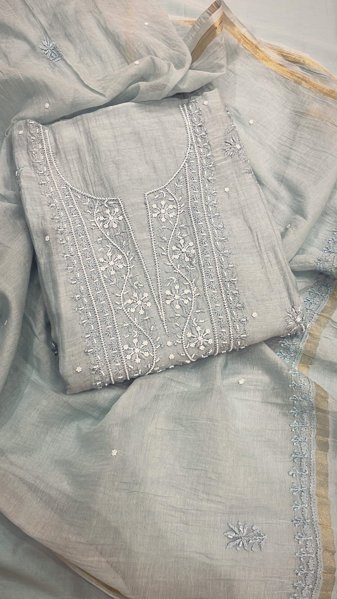Embroidered Light Blue Lucknowi Mul Cotton Suit 