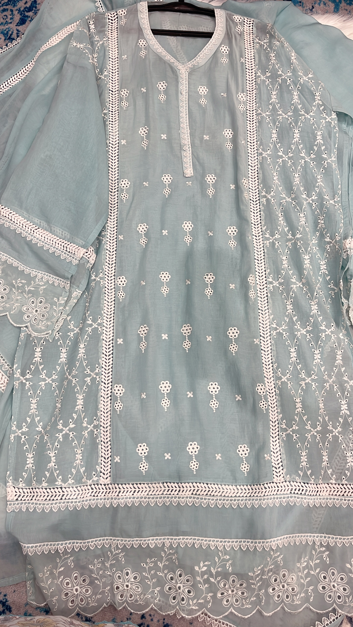 Embroidered Sea Blue Pure Mul Cotton Suit